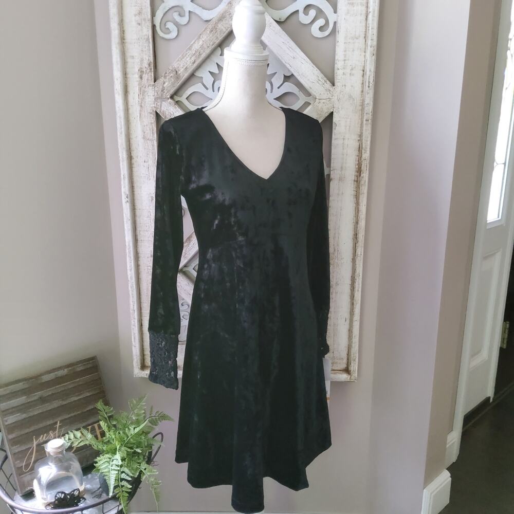 Skye's the Limit Long Sleeve Lace A-Line Empire Waist Velvet Midi Dress Small